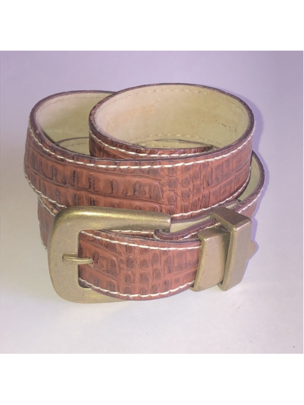 Brown Croc-Embossed Faux Leather Belt with Brass Buckle